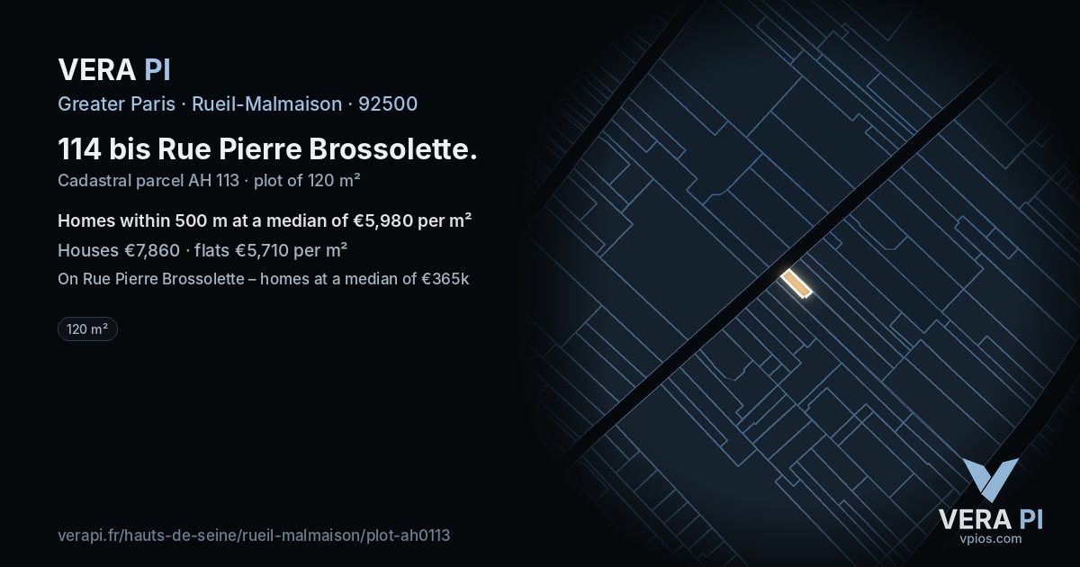 114 bis Rue Pierre Brossolette, Rueil-Malmaison at night – the plot lit, the parcels around coloured by the prices near them
