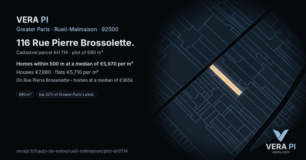 116 Rue Pierre Brossolette, Rueil-Malmaison at night – the plot lit, the parcels around coloured by the prices near them