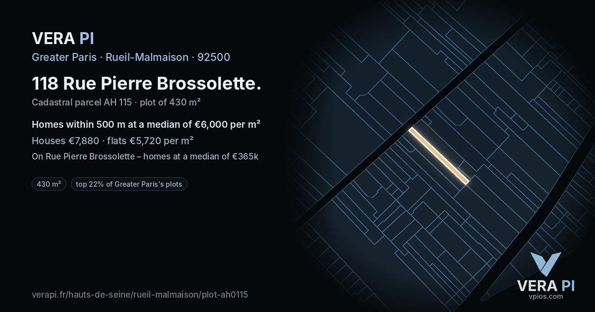118 Rue Pierre Brossolette, Rueil-Malmaison at night – the plot lit, the parcels around coloured by the prices near them