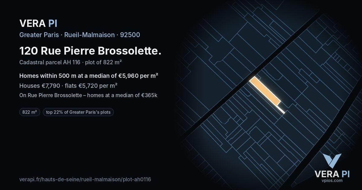 120 Rue Pierre Brossolette, Rueil-Malmaison at night – the plot lit, the parcels around coloured by the prices near them