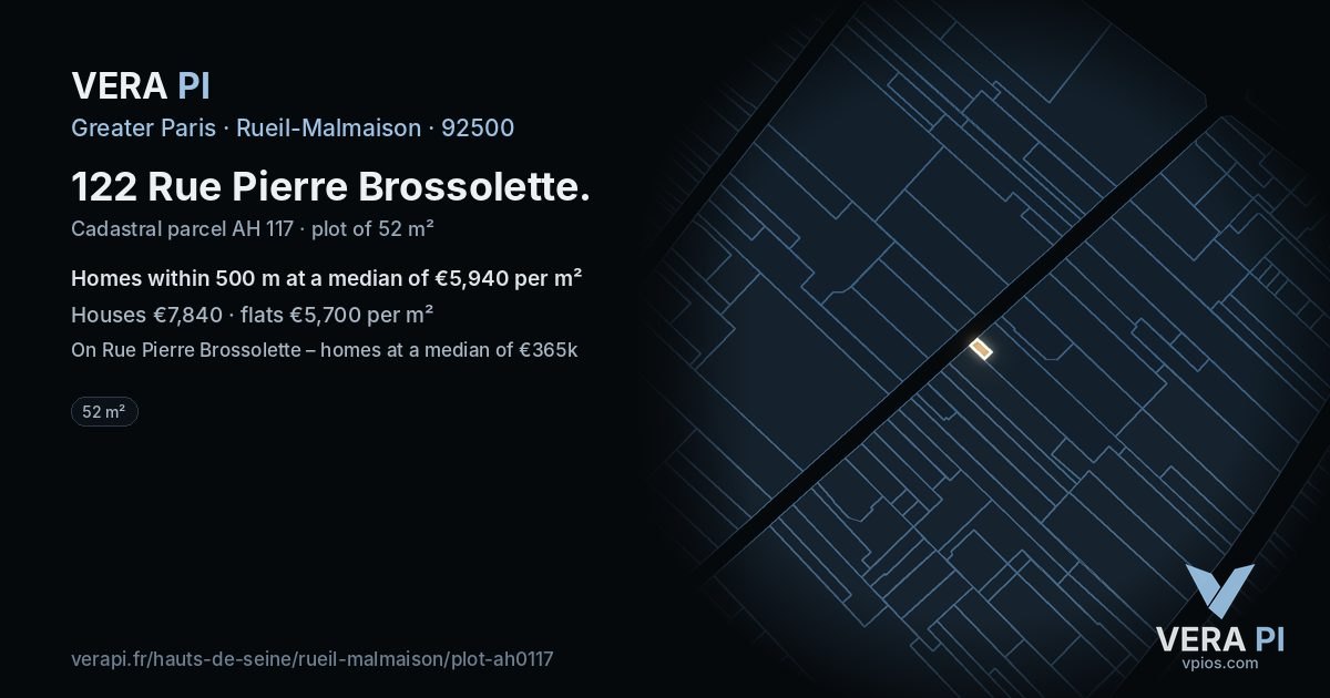 122 Rue Pierre Brossolette, Rueil-Malmaison at night – the plot lit, the parcels around coloured by the prices near them
