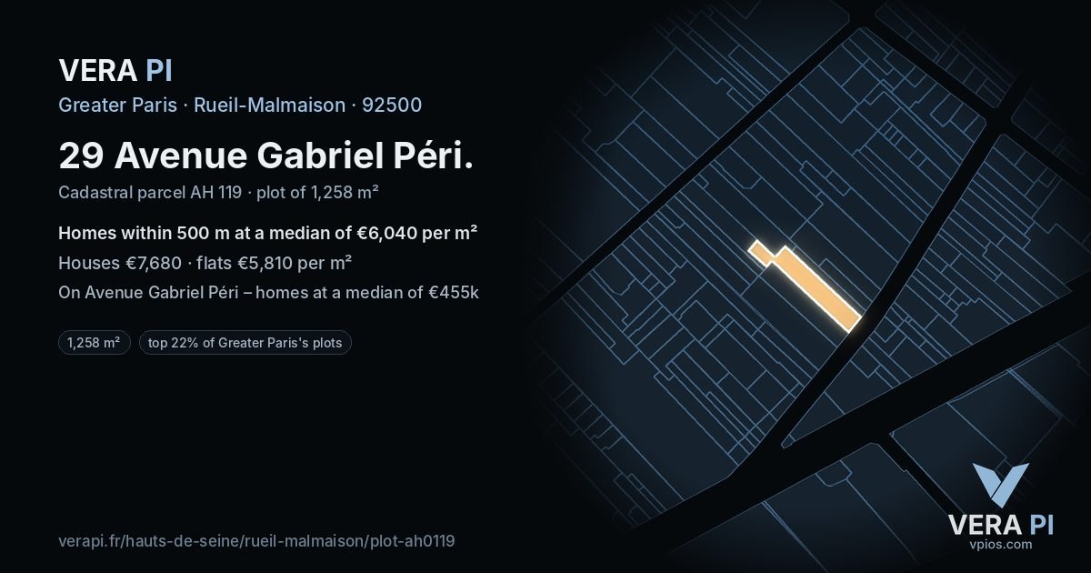 29 Avenue Gabriel Péri, Rueil-Malmaison at night – the plot lit, the parcels around coloured by the prices near them