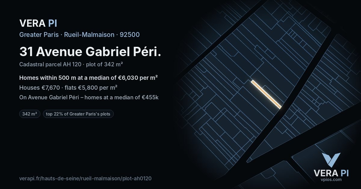 31 Avenue Gabriel Péri, Rueil-Malmaison at night – the plot lit, the parcels around coloured by the prices near them
