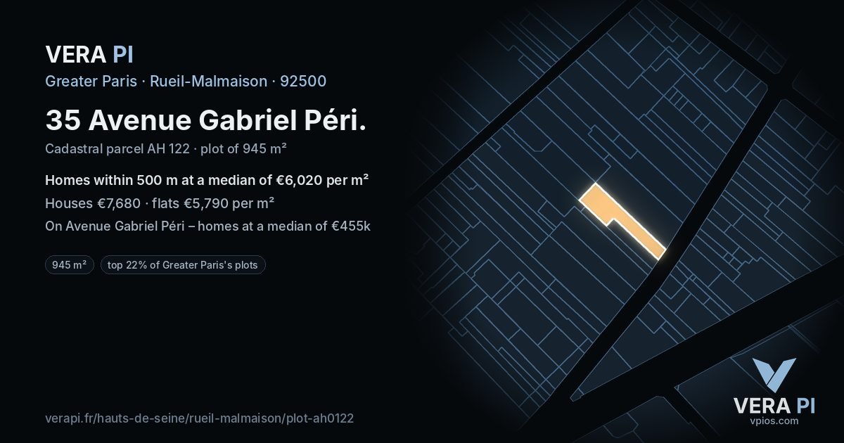 35 Avenue Gabriel Péri, Rueil-Malmaison at night – the plot lit, the parcels around coloured by the prices near them
