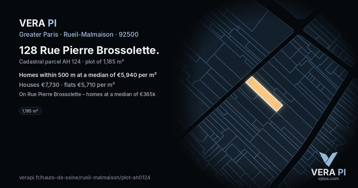 128 Rue Pierre Brossolette, Rueil-Malmaison at night – the plot lit, the parcels around coloured by the prices near them