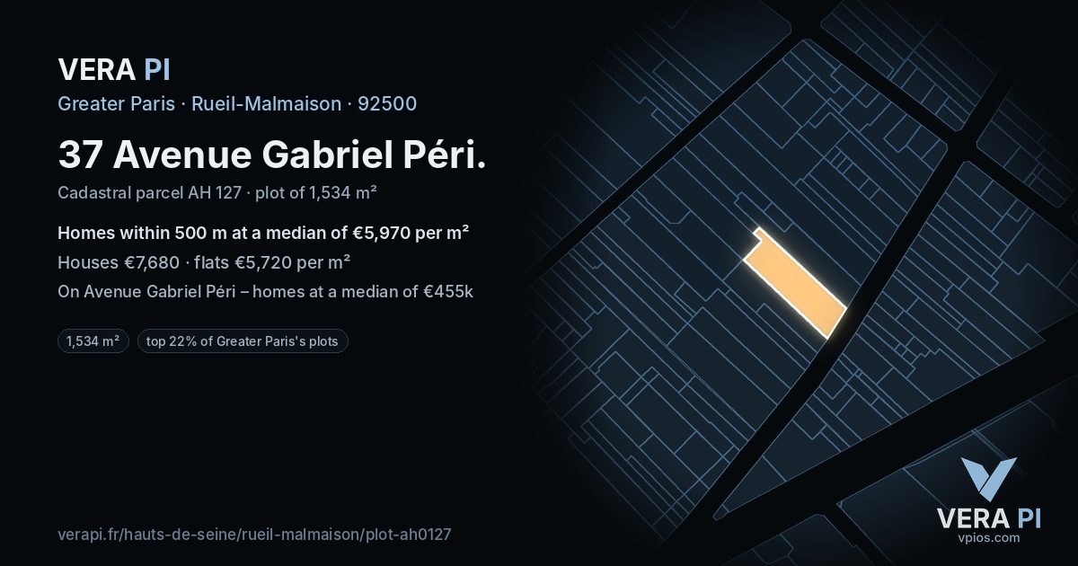 37 Avenue Gabriel Péri, Rueil-Malmaison at night – the plot lit, the parcels around coloured by the prices near them