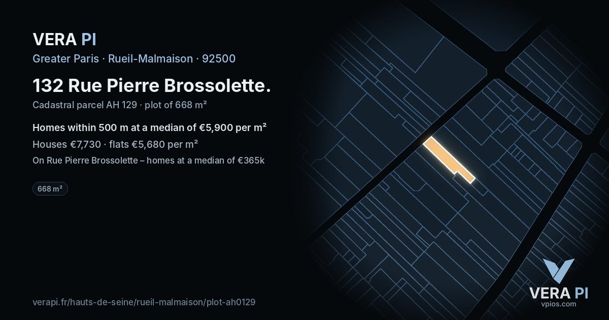 132 Rue Pierre Brossolette, Rueil-Malmaison at night – the plot lit, the parcels around coloured by the prices near them
