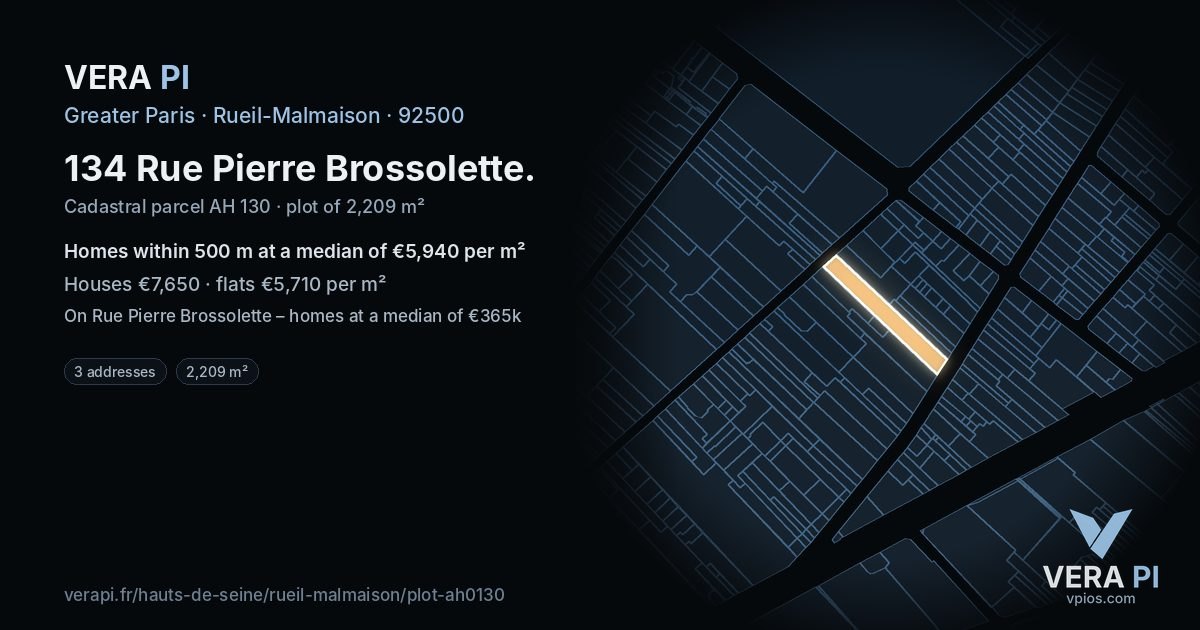 134 Rue Pierre Brossolette, Rueil-Malmaison at night – the plot lit, the parcels around coloured by the prices near them
