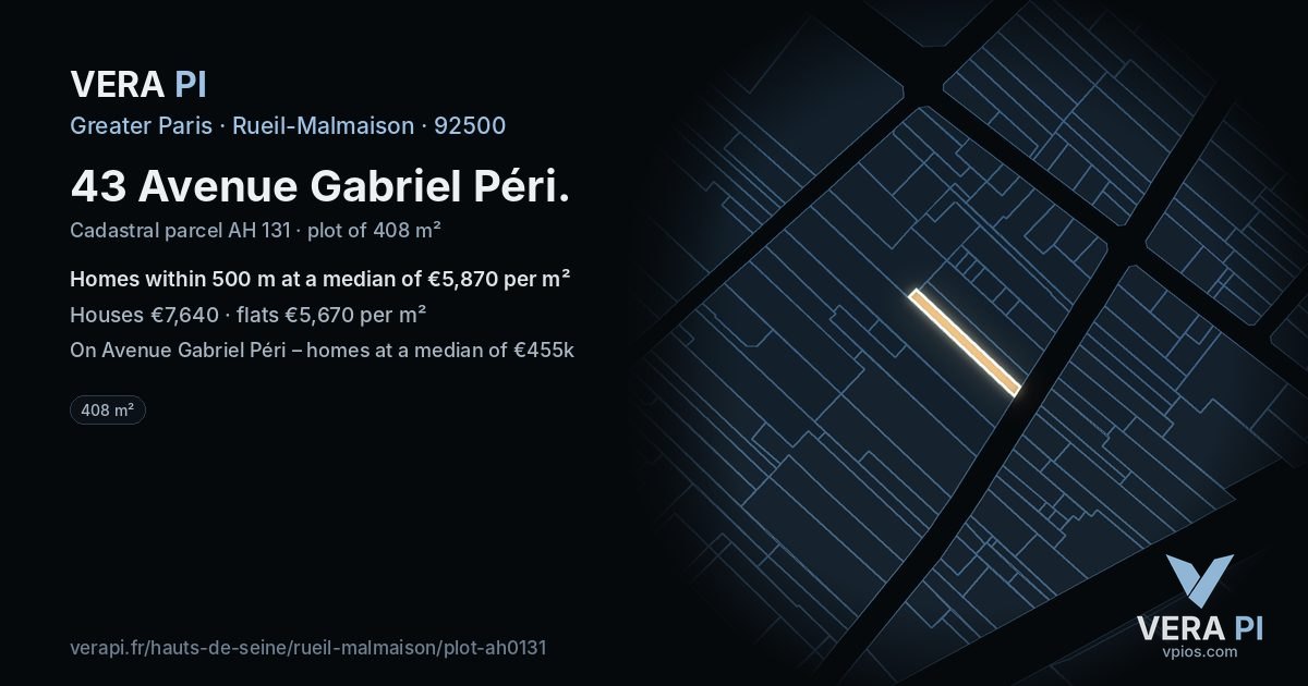 43 Avenue Gabriel Péri, Rueil-Malmaison at night – the plot lit, the parcels around coloured by the prices near them
