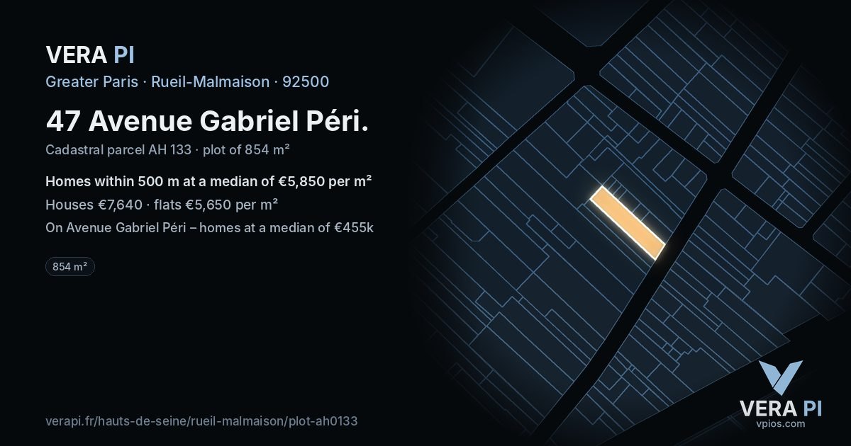 47 Avenue Gabriel Péri, Rueil-Malmaison at night – the plot lit, the parcels around coloured by the prices near them