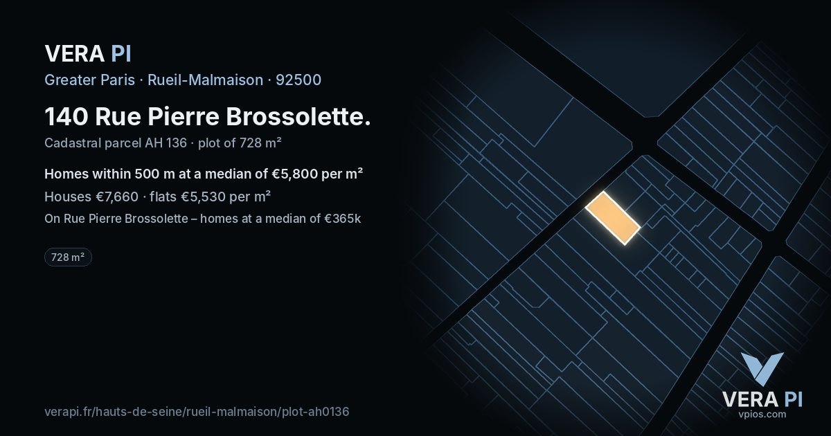 140 Rue Pierre Brossolette, Rueil-Malmaison at night – the plot lit, the parcels around coloured by the prices near them