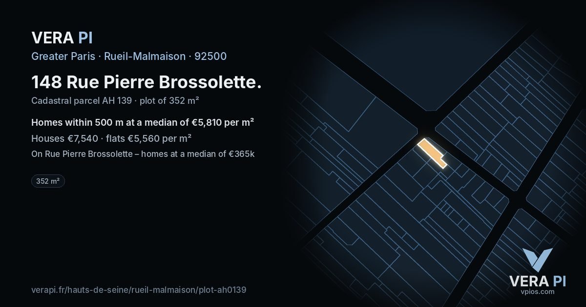 148 Rue Pierre Brossolette, Rueil-Malmaison at night – the plot lit, the parcels around coloured by the prices near them