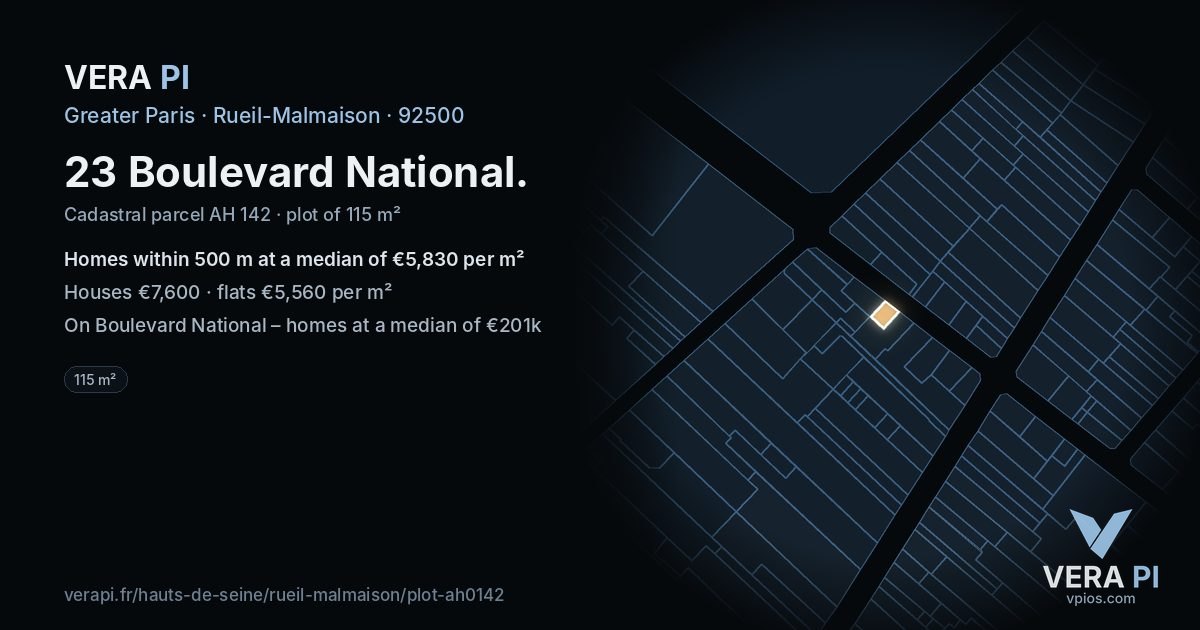 23 Boulevard National, Rueil-Malmaison at night – the plot lit, the parcels around coloured by the prices near them