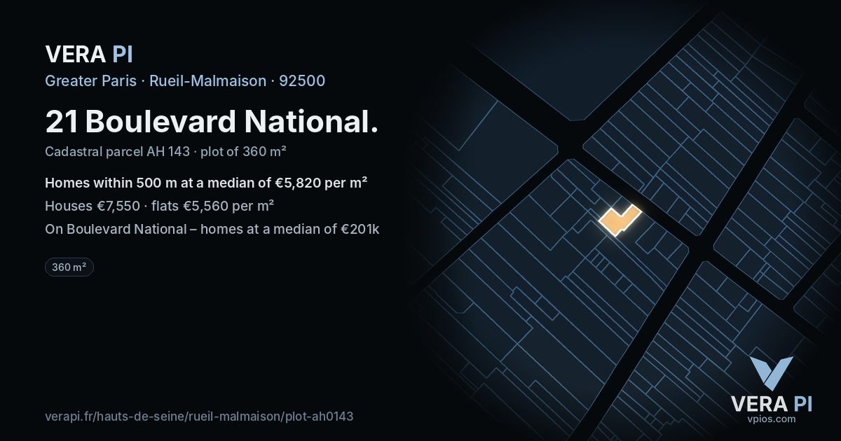 21 Boulevard National, Rueil-Malmaison at night – the plot lit, the parcels around coloured by the prices near them