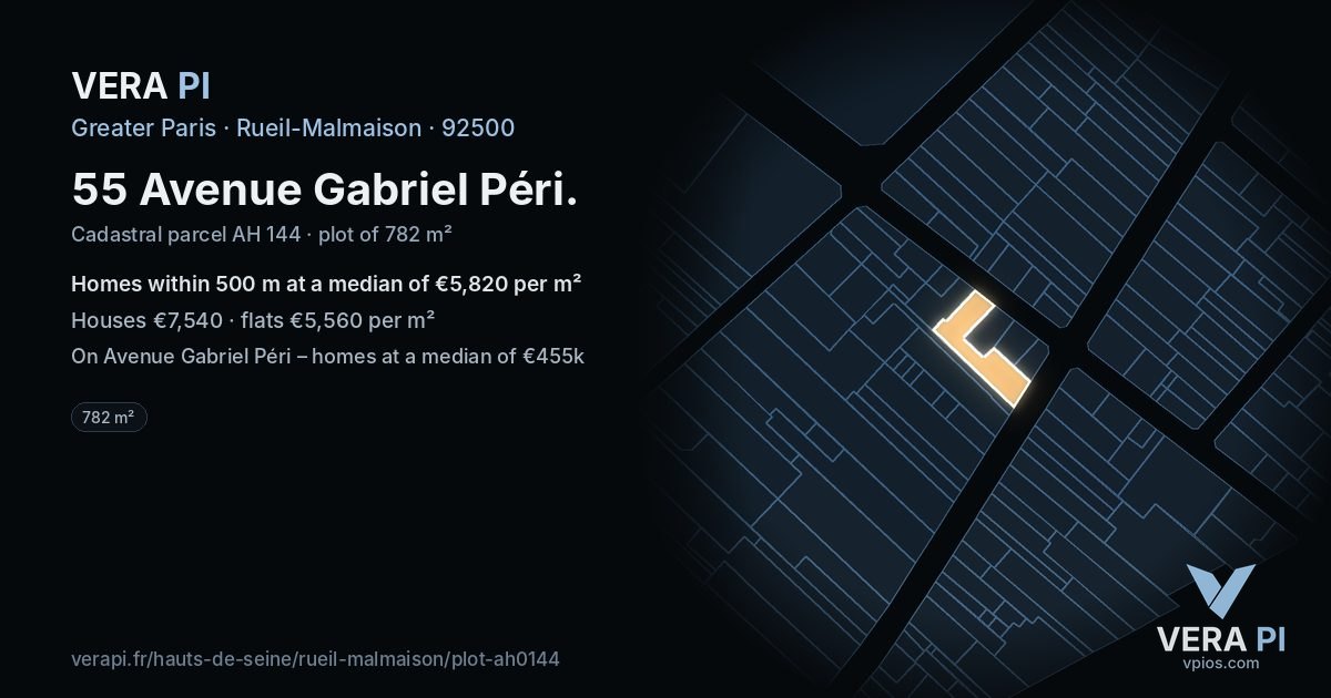 55 Avenue Gabriel Péri, Rueil-Malmaison at night – the plot lit, the parcels around coloured by the prices near them