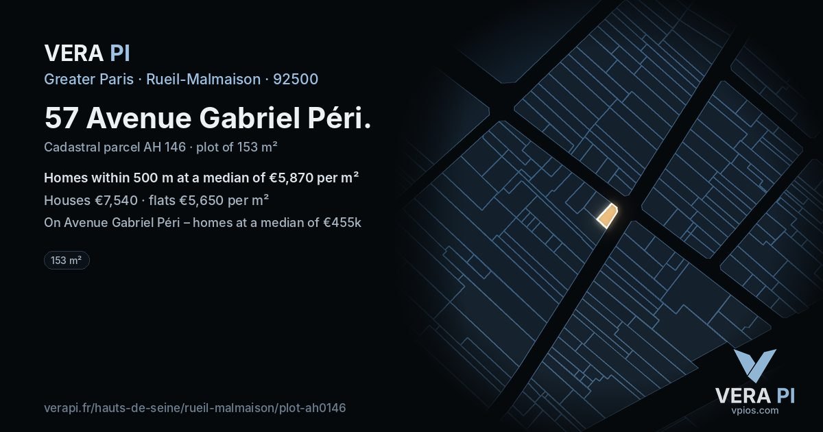 57 Avenue Gabriel Péri, Rueil-Malmaison at night – the plot lit, the parcels around coloured by the prices near them