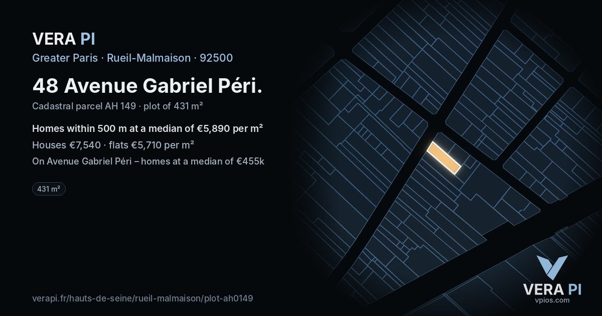 48 Avenue Gabriel Péri, Rueil-Malmaison at night – the plot lit, the parcels around coloured by the prices near them