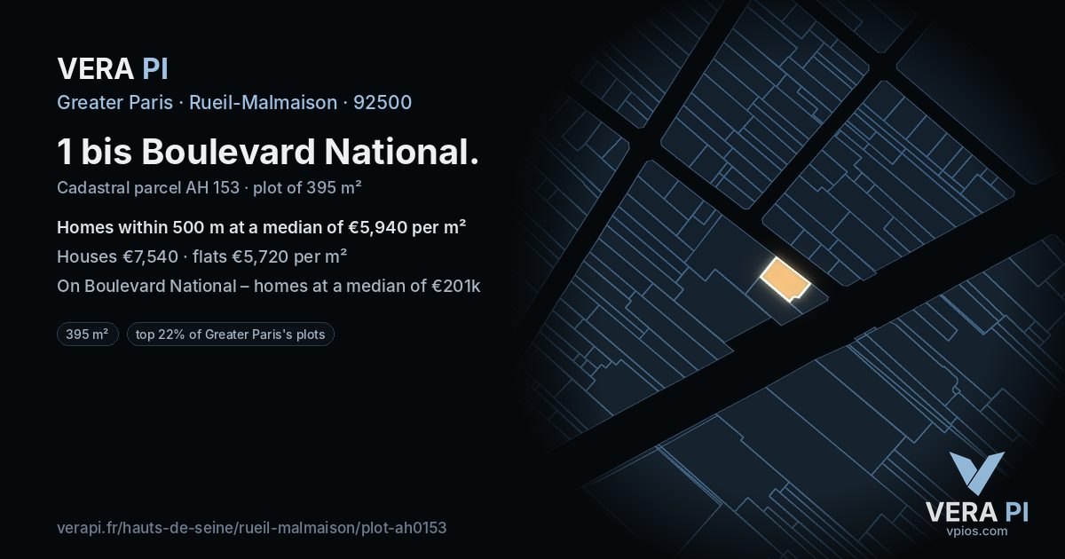 1 bis Boulevard National, Rueil-Malmaison at night – the plot lit, the parcels around coloured by the prices near them