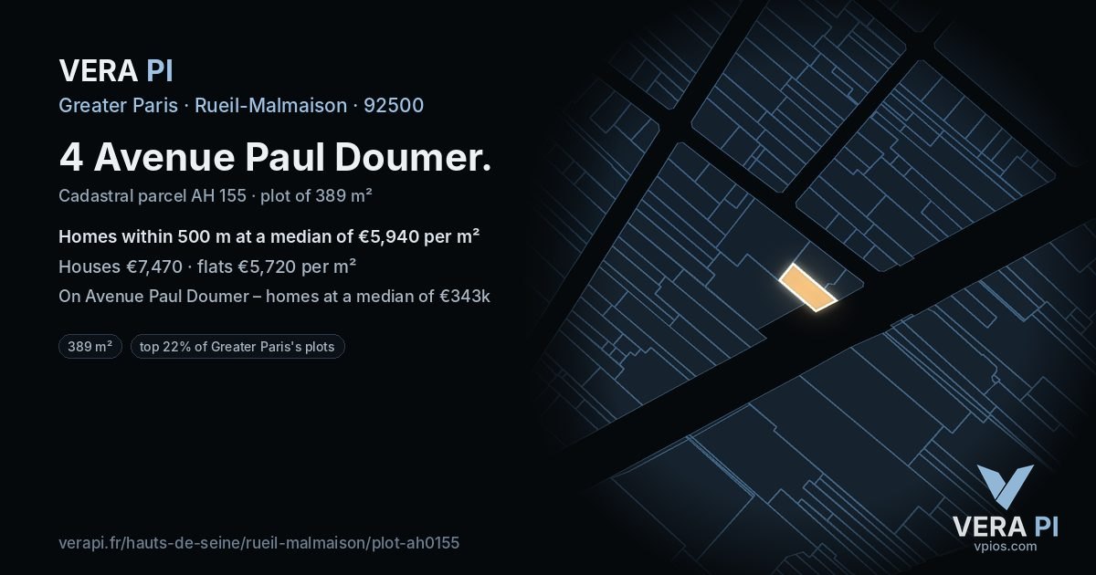 4 Avenue Paul Doumer, Rueil-Malmaison at night – the plot lit, the parcels around coloured by the prices near them