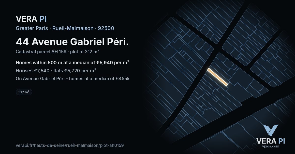 44 Avenue Gabriel Péri, Rueil-Malmaison at night – the plot lit, the parcels around coloured by the prices near them