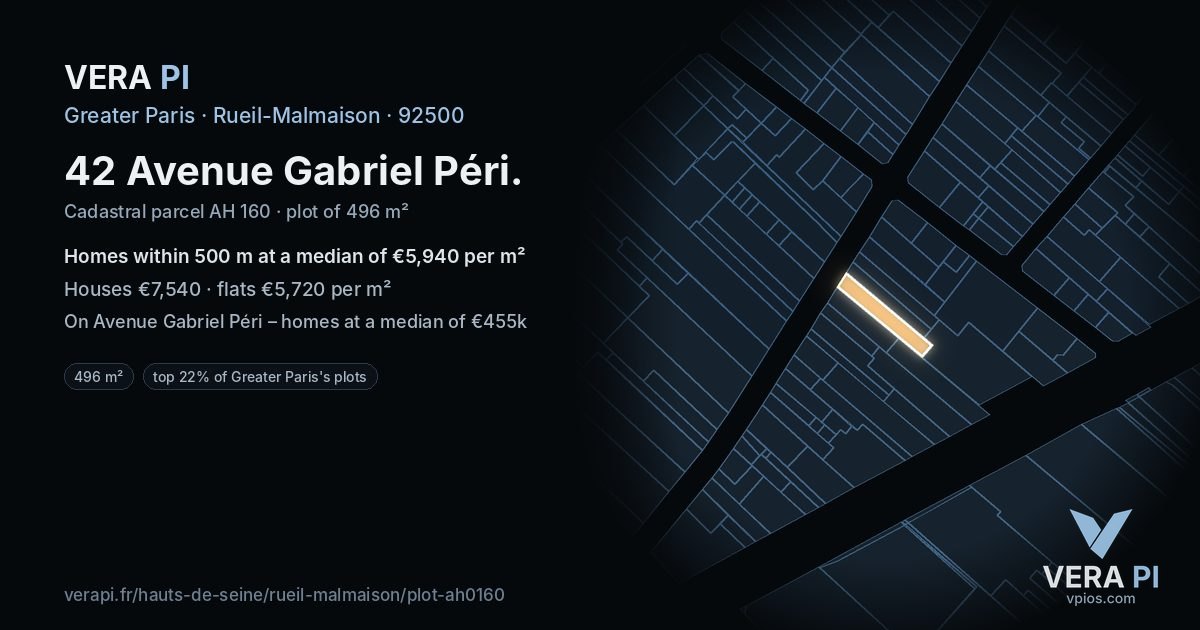 42 Avenue Gabriel Péri, Rueil-Malmaison at night – the plot lit, the parcels around coloured by the prices near them