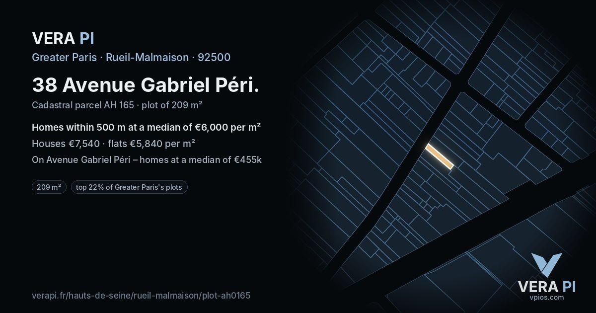 38 Avenue Gabriel Péri, Rueil-Malmaison at night – the plot lit, the parcels around coloured by the prices near them
