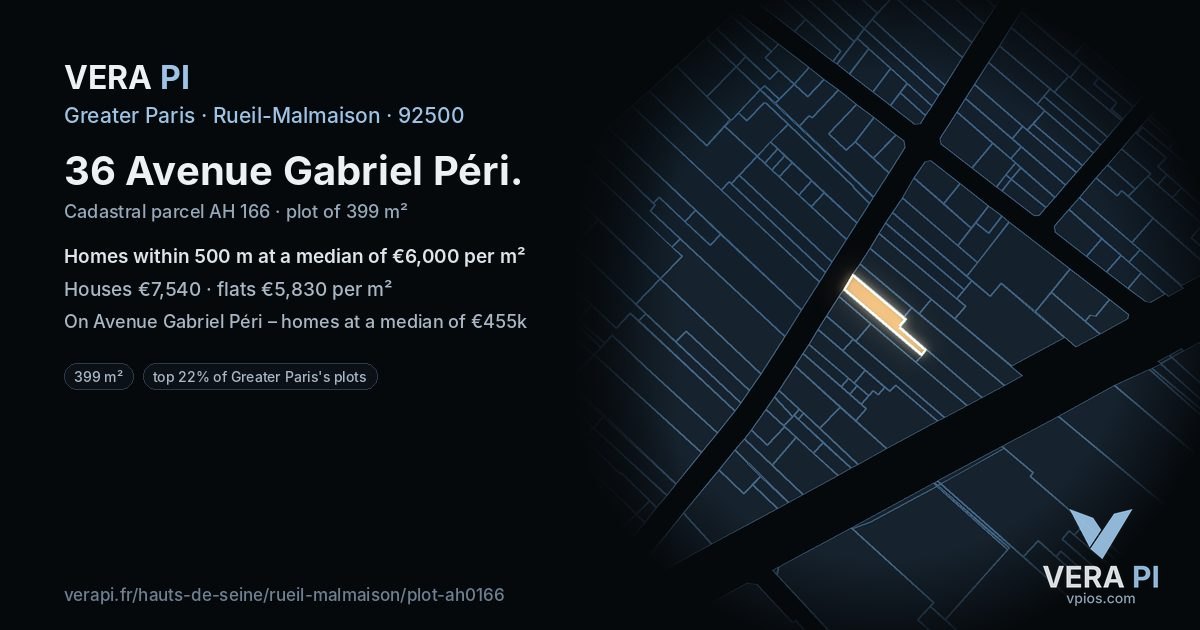 36 Avenue Gabriel Péri, Rueil-Malmaison at night – the plot lit, the parcels around coloured by the prices near them