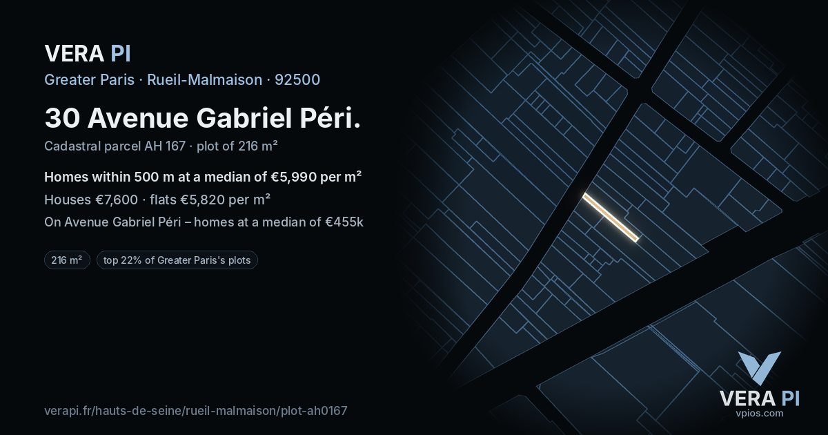 30 Avenue Gabriel Péri, Rueil-Malmaison at night – the plot lit, the parcels around coloured by the prices near them