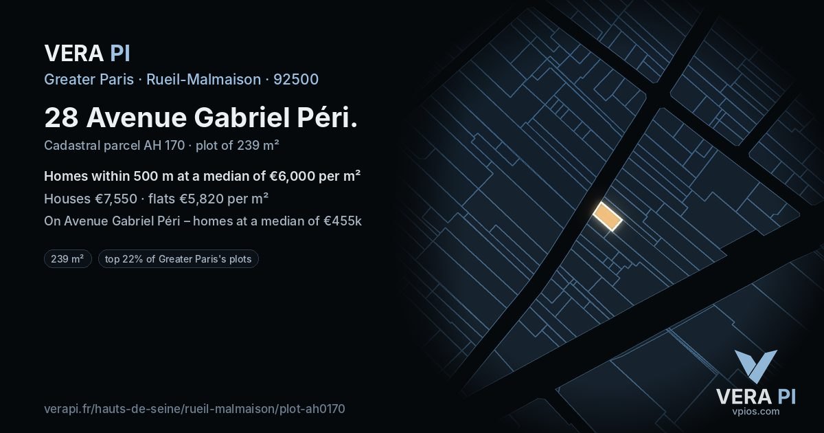 28 Avenue Gabriel Péri, Rueil-Malmaison at night – the plot lit, the parcels around coloured by the prices near them