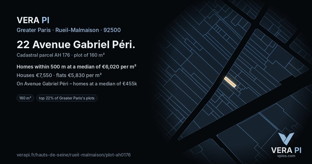 22 Avenue Gabriel Péri, Rueil-Malmaison at night – the plot lit, the parcels around coloured by the prices near them