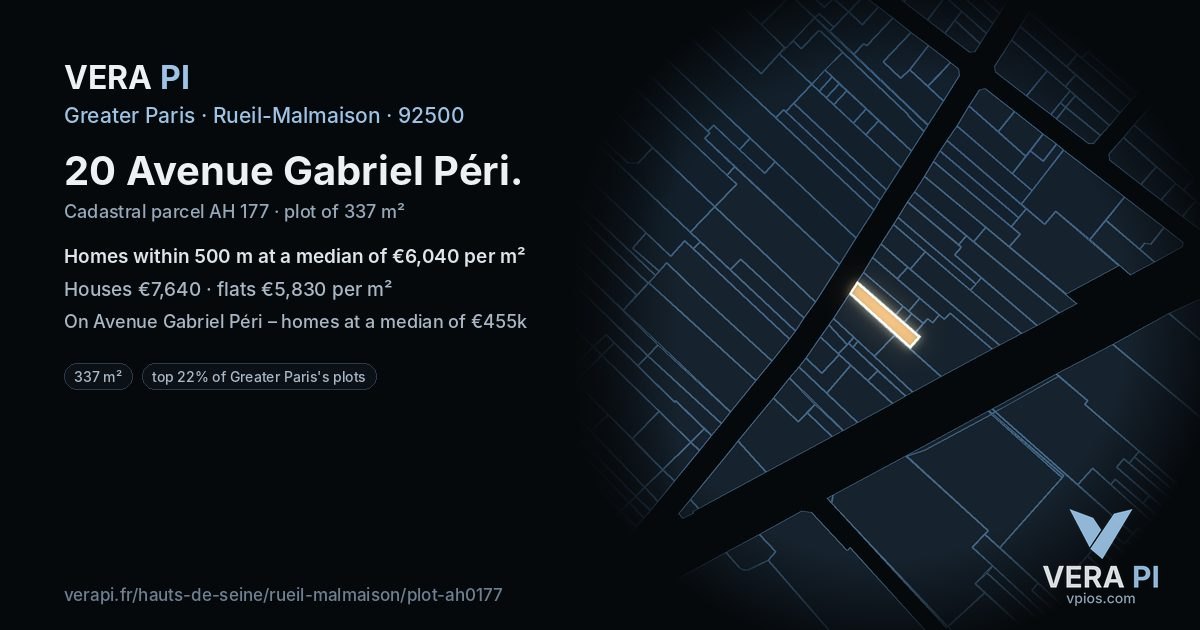 20 Avenue Gabriel Péri, Rueil-Malmaison at night – the plot lit, the parcels around coloured by the prices near them