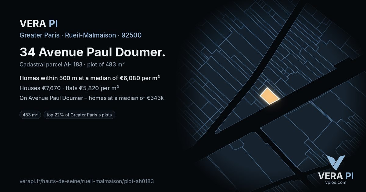 34 Avenue Paul Doumer, Rueil-Malmaison at night – the plot lit, the parcels around coloured by the prices near them
