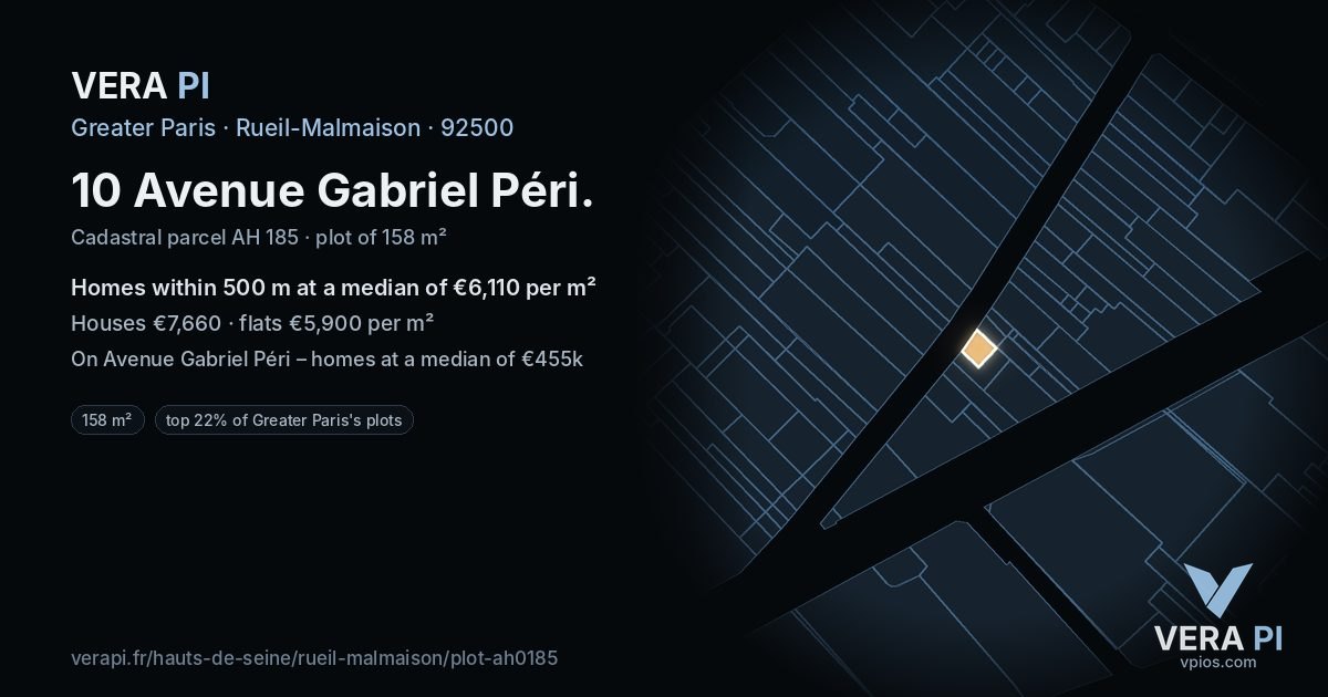 10 Avenue Gabriel Péri, Rueil-Malmaison at night – the plot lit, the parcels around coloured by the prices near them