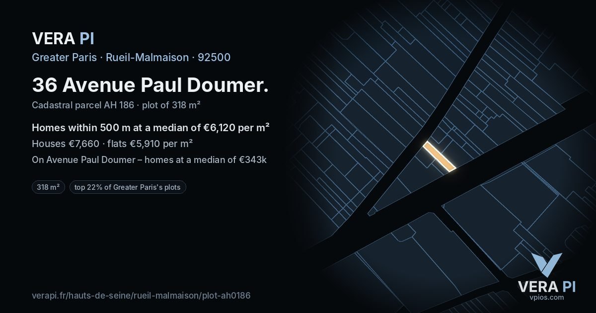 36 Avenue Paul Doumer, Rueil-Malmaison at night – the plot lit, the parcels around coloured by the prices near them