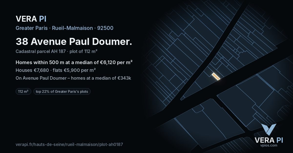 38 Avenue Paul Doumer, Rueil-Malmaison at night – the plot lit, the parcels around coloured by the prices near them
