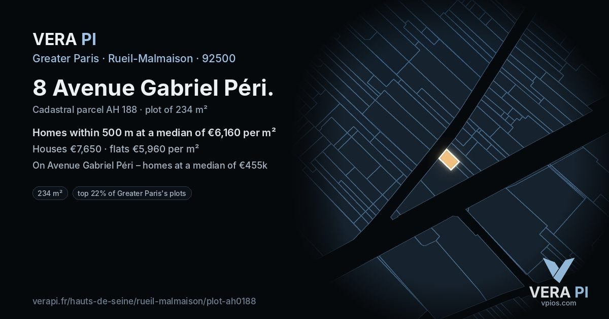 8 Avenue Gabriel Péri, Rueil-Malmaison at night – the plot lit, the parcels around coloured by the prices near them