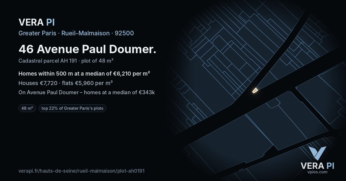 46 Avenue Paul Doumer, Rueil-Malmaison at night – the plot lit, the parcels around coloured by the prices near them