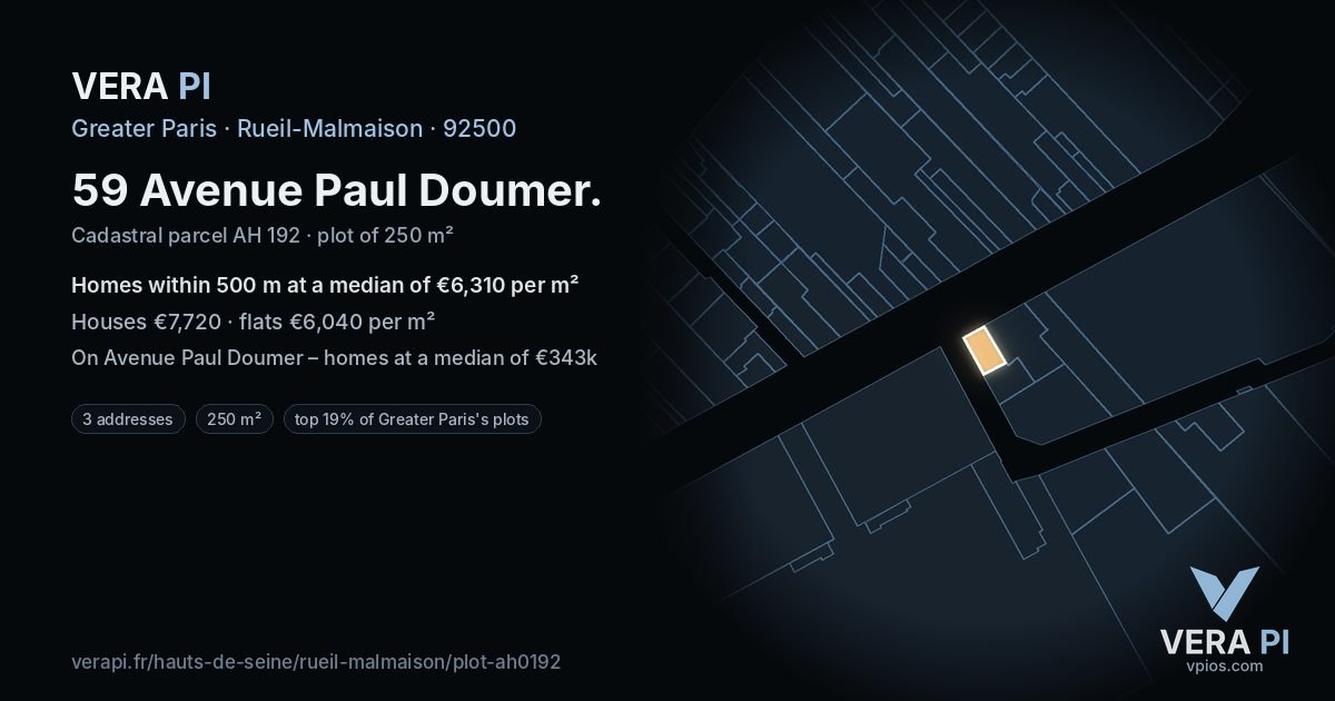 59 Avenue Paul Doumer, Rueil-Malmaison at night – the plot lit, the parcels around coloured by the prices near them