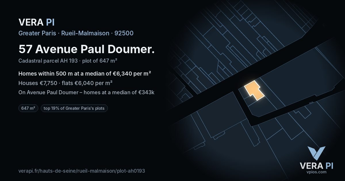 57 Avenue Paul Doumer, Rueil-Malmaison at night – the plot lit, the parcels around coloured by the prices near them