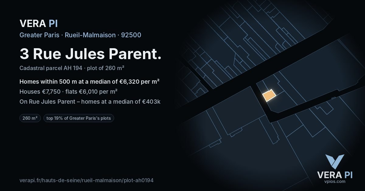 3 Rue Jules Parent, Rueil-Malmaison at night – the plot lit, the parcels around coloured by the prices near them
