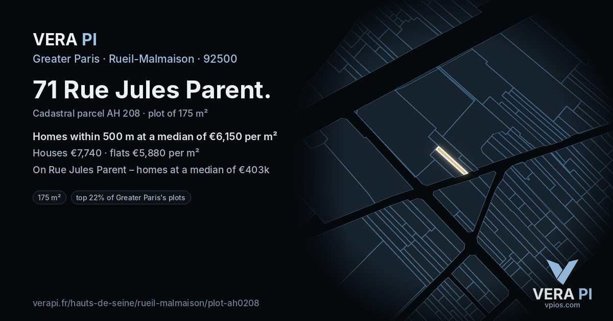 71 Rue Jules Parent, Rueil-Malmaison at night – the plot lit, the parcels around coloured by the prices near them