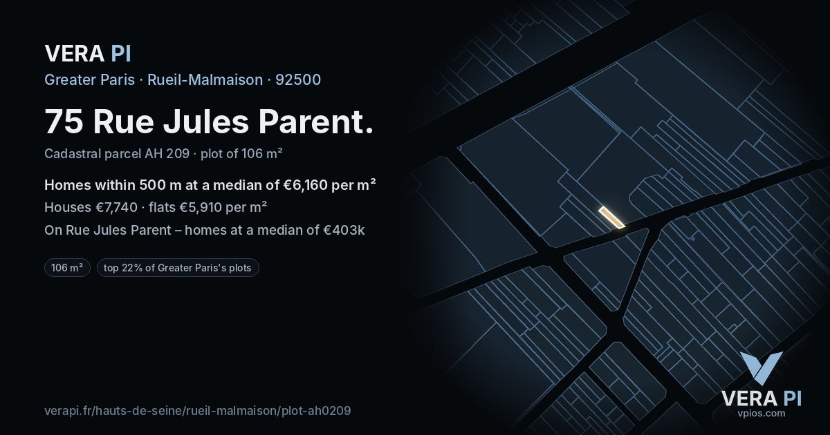 75 Rue Jules Parent, Rueil-Malmaison at night – the plot lit, the parcels around coloured by the prices near them