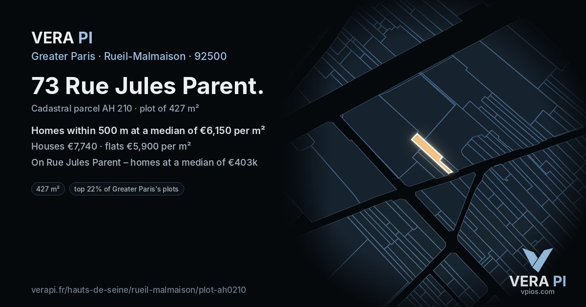 73 Rue Jules Parent, Rueil-Malmaison at night – the plot lit, the parcels around coloured by the prices near them