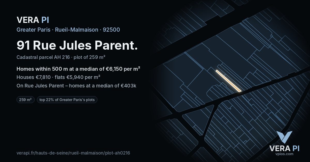 91 Rue Jules Parent, Rueil-Malmaison at night – the plot lit, the parcels around coloured by the prices near them