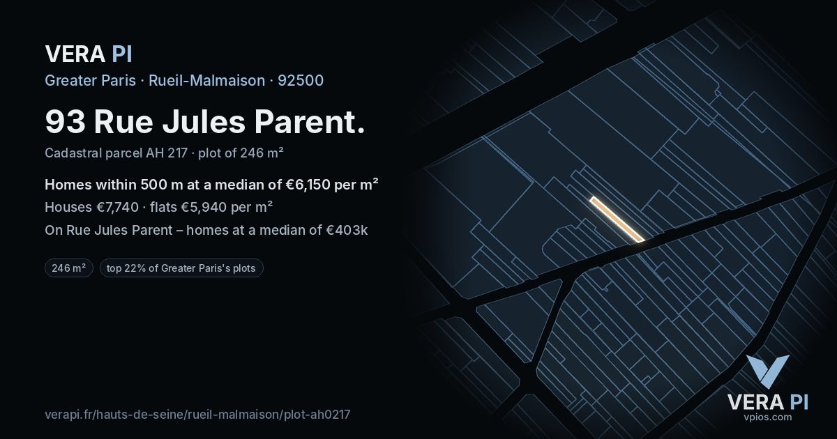 93 Rue Jules Parent, Rueil-Malmaison at night – the plot lit, the parcels around coloured by the prices near them