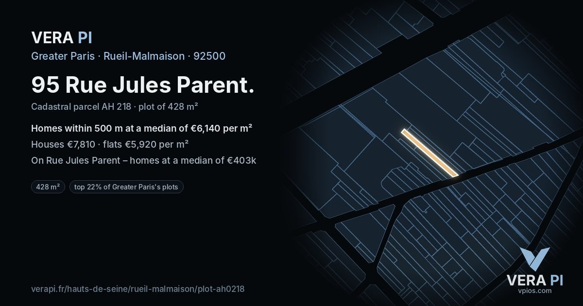 95 Rue Jules Parent, Rueil-Malmaison at night – the plot lit, the parcels around coloured by the prices near them