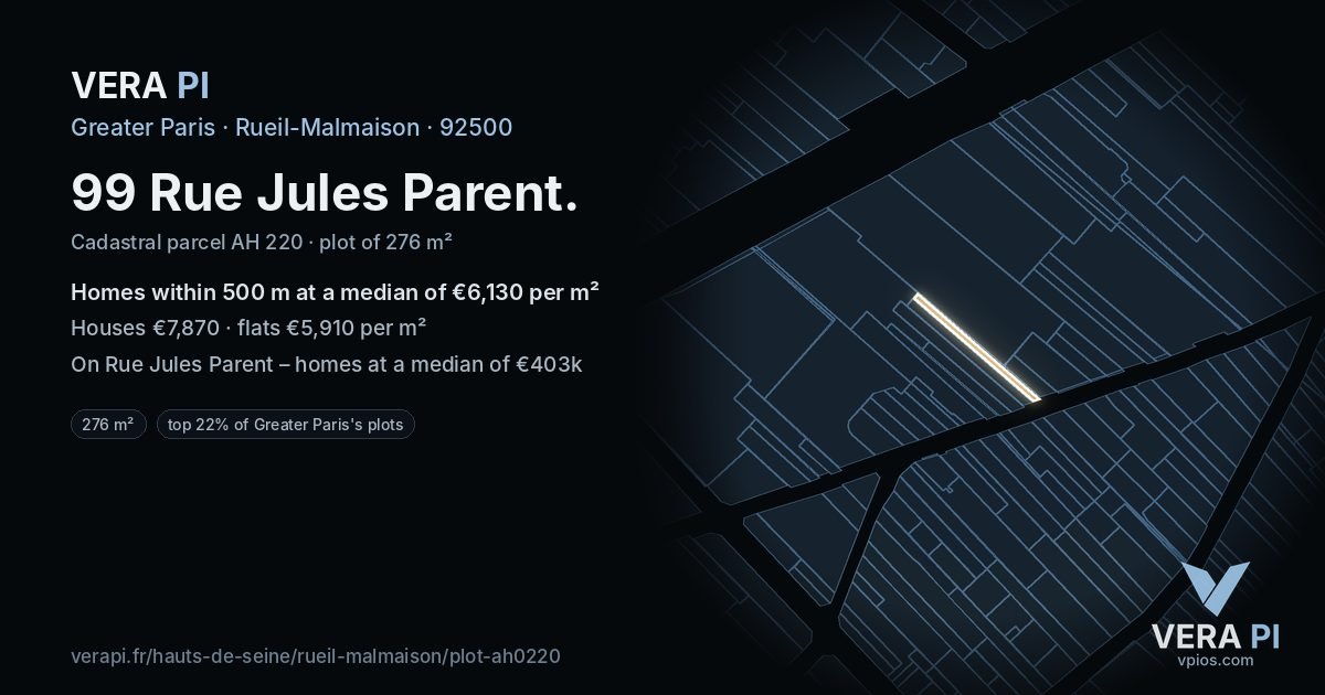 99 Rue Jules Parent, Rueil-Malmaison at night – the plot lit, the parcels around coloured by the prices near them