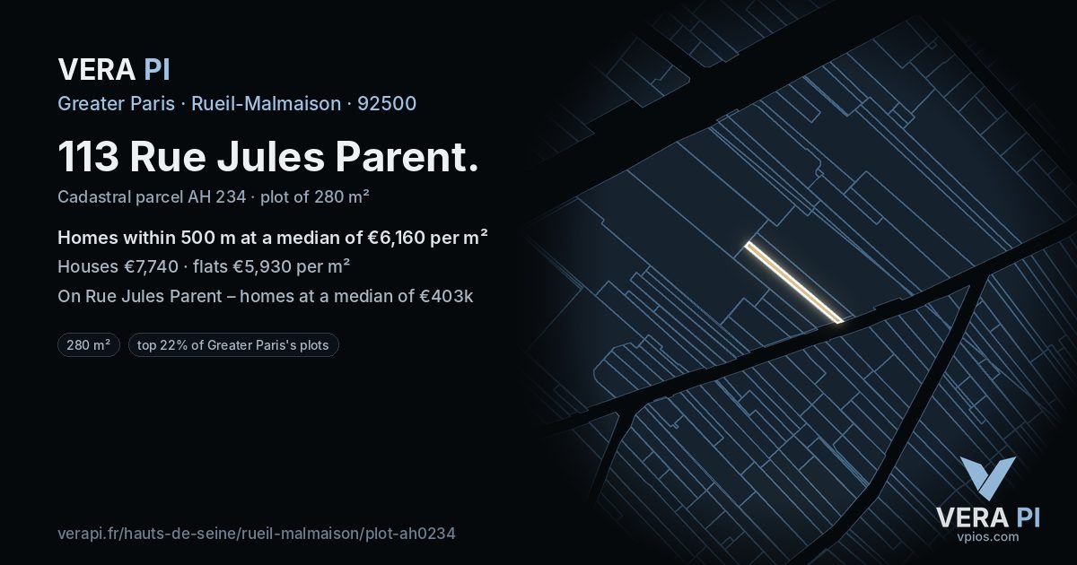 113 Rue Jules Parent, Rueil-Malmaison at night – the plot lit, the parcels around coloured by the prices near them