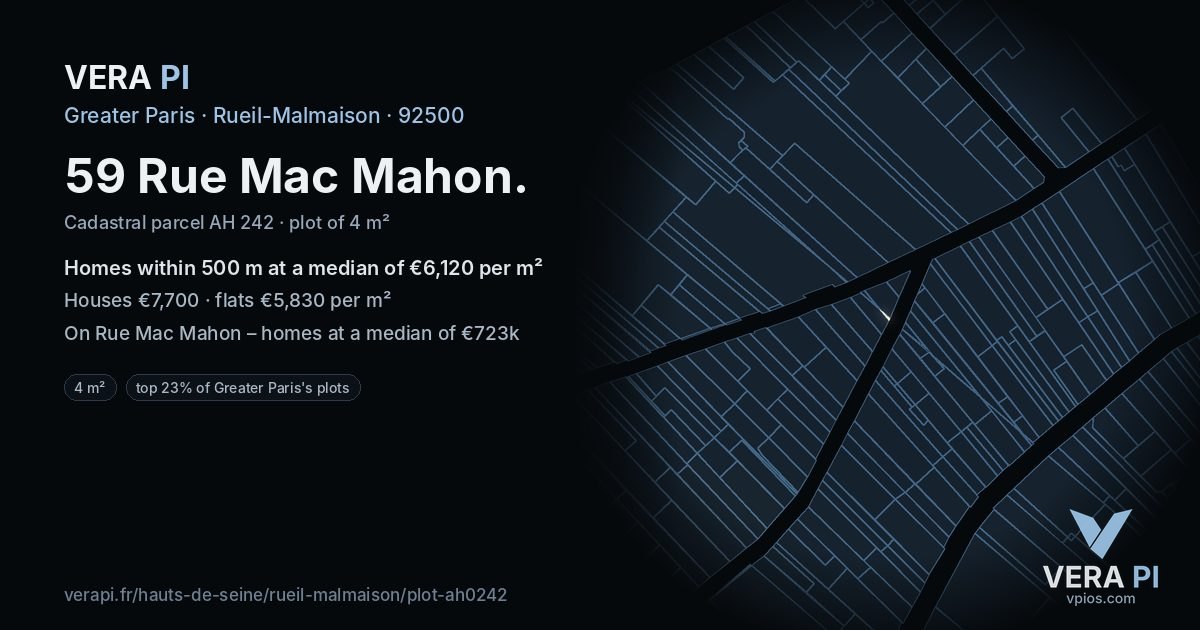 59 Rue Mac Mahon, Rueil-Malmaison at night – the plot lit, the parcels around coloured by the prices near them