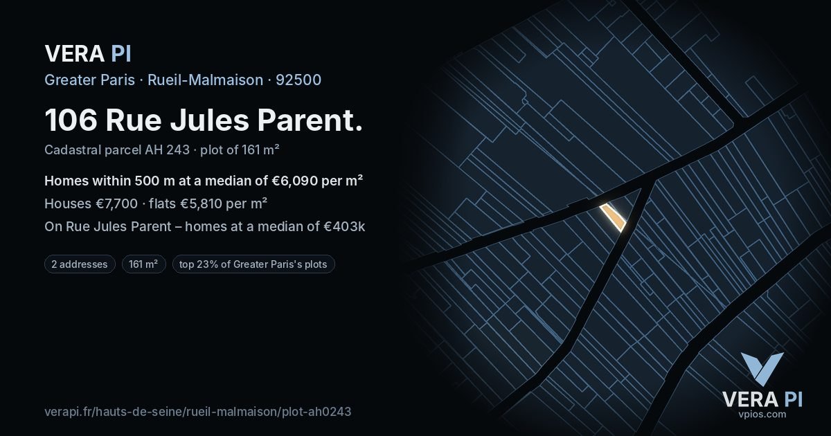 106 Rue Jules Parent, Rueil-Malmaison at night – the plot lit, the parcels around coloured by the prices near them